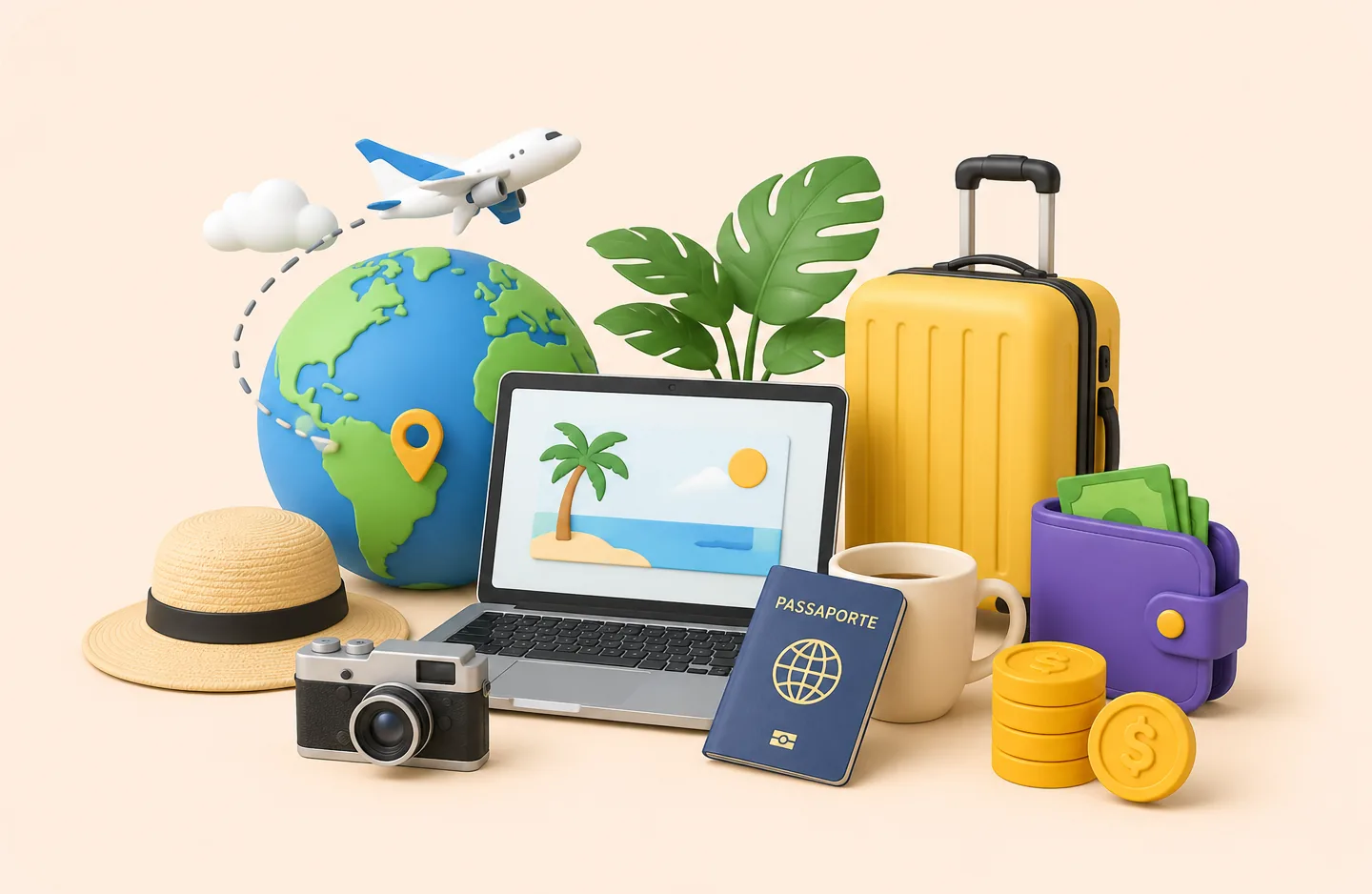 Ilustração de um globo com avião, mala de viagem, notebook e celular, representando formas de ganhar dinheiro viajando