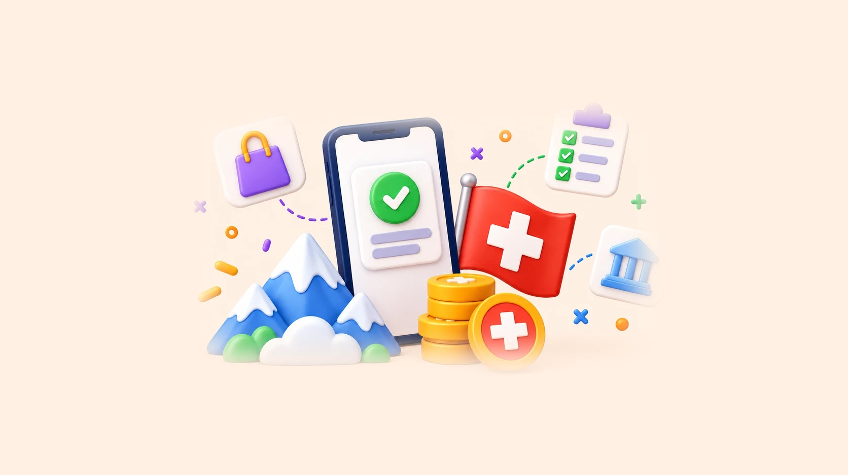 3D-Illustration eines Smartphones mit Schweizer Flagge, Bergen, Münzen mit Schweizerkreuz, einer Einkaufstasche und einem Bankgebäude