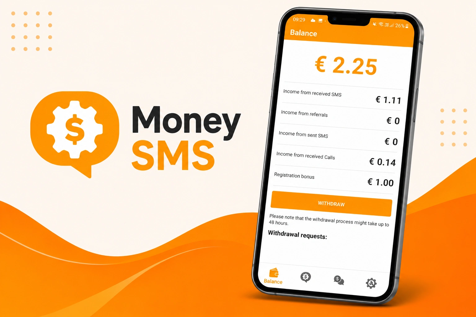 Schermata dell'app Money SMS: saldo e prelievo su PayPal