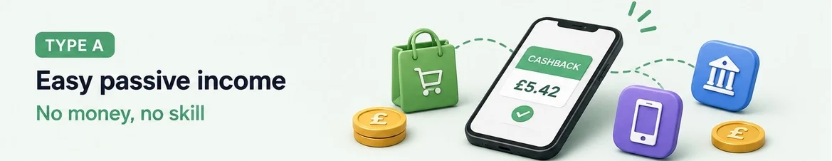 Type A: easy passive income that needs no money and no skill, like cashback, bank bonuses, and background apps