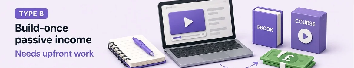 Type B: build-once passive income streams that need upfront work, like ebooks, courses, and a YouTube channel