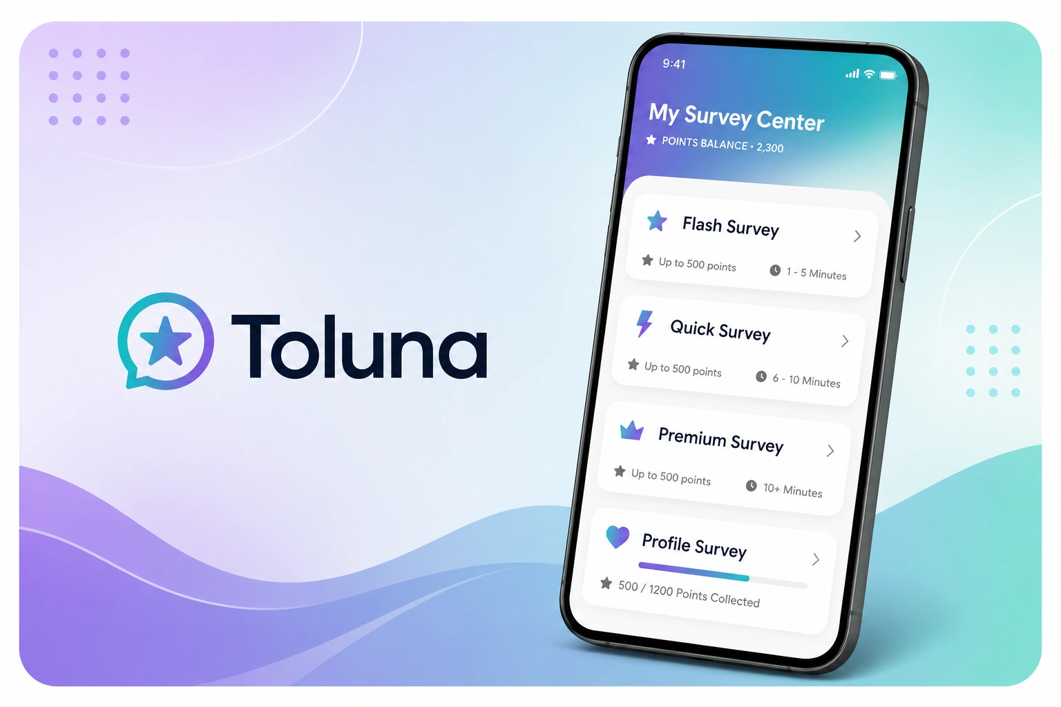 Schermata dell'app Toluna: sondaggi e punti da convertire su PayPal