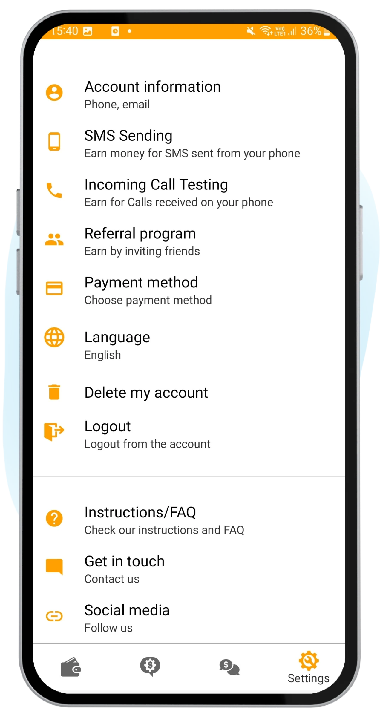 Tela de configurações do Money SMS mostrando opção de teste de chamadas