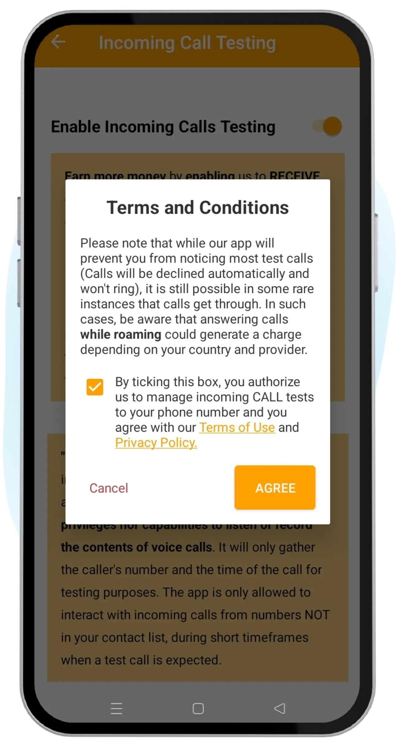 Tela de ativação do Teste de Chamadas Recebidas