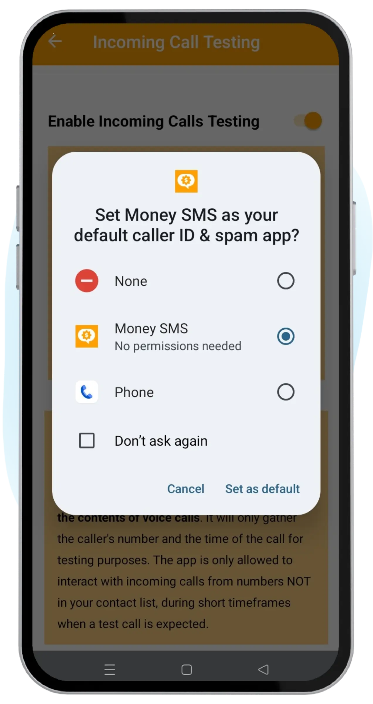Definir Money SMS como app padrão de identificador de chamadas e spam