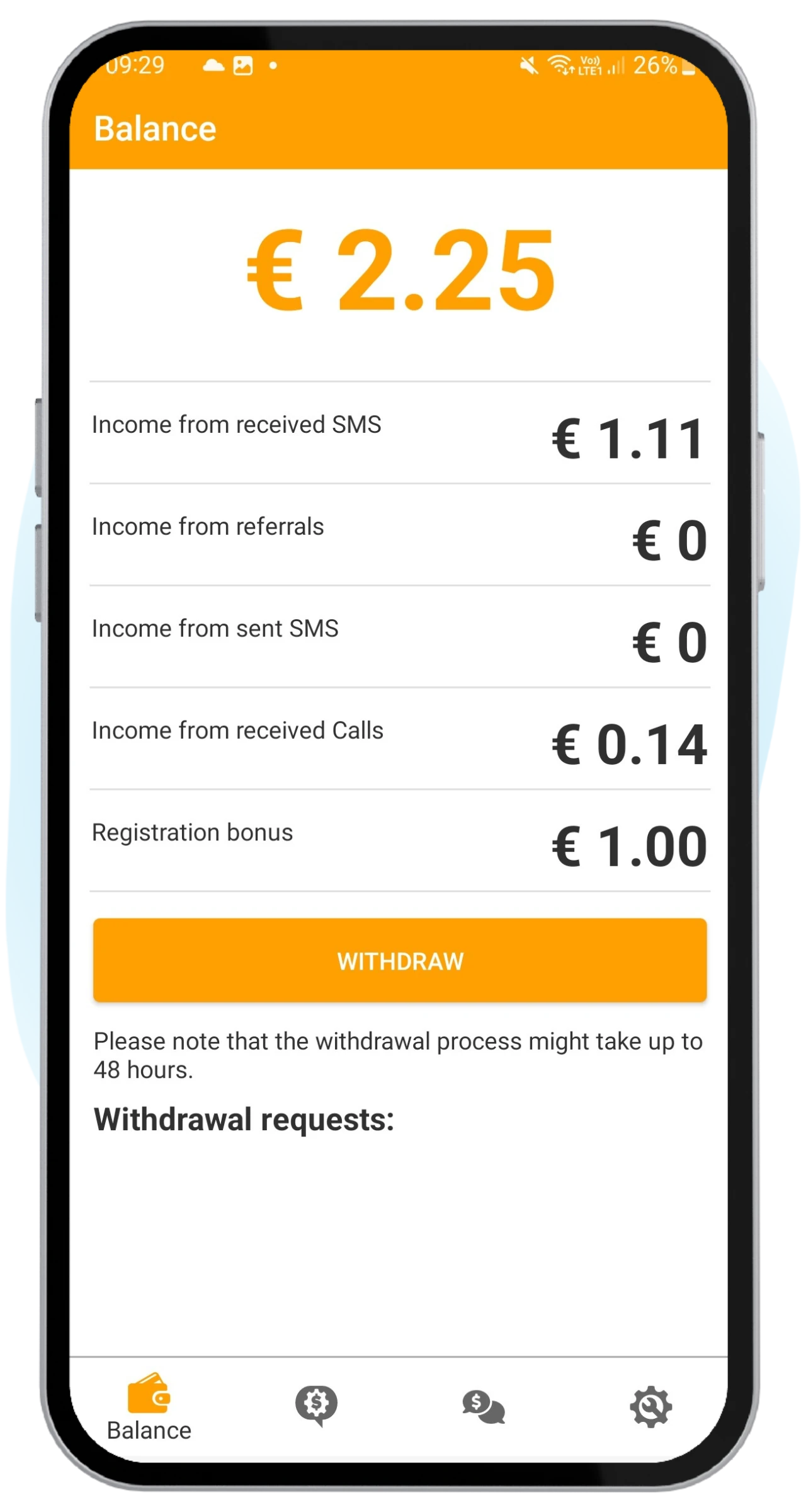 Tela de saldo mostrando ganhos de teste de chamadas