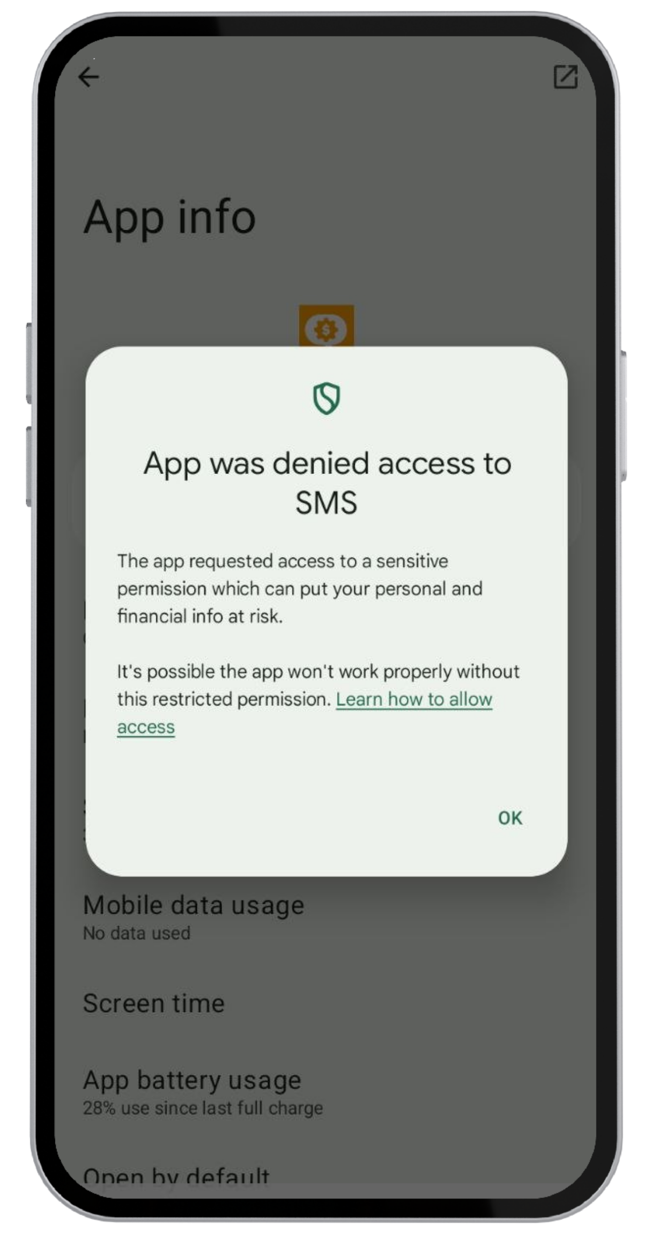 Finestra L'app non ha potuto accedere agli SMS con il pulsante OK