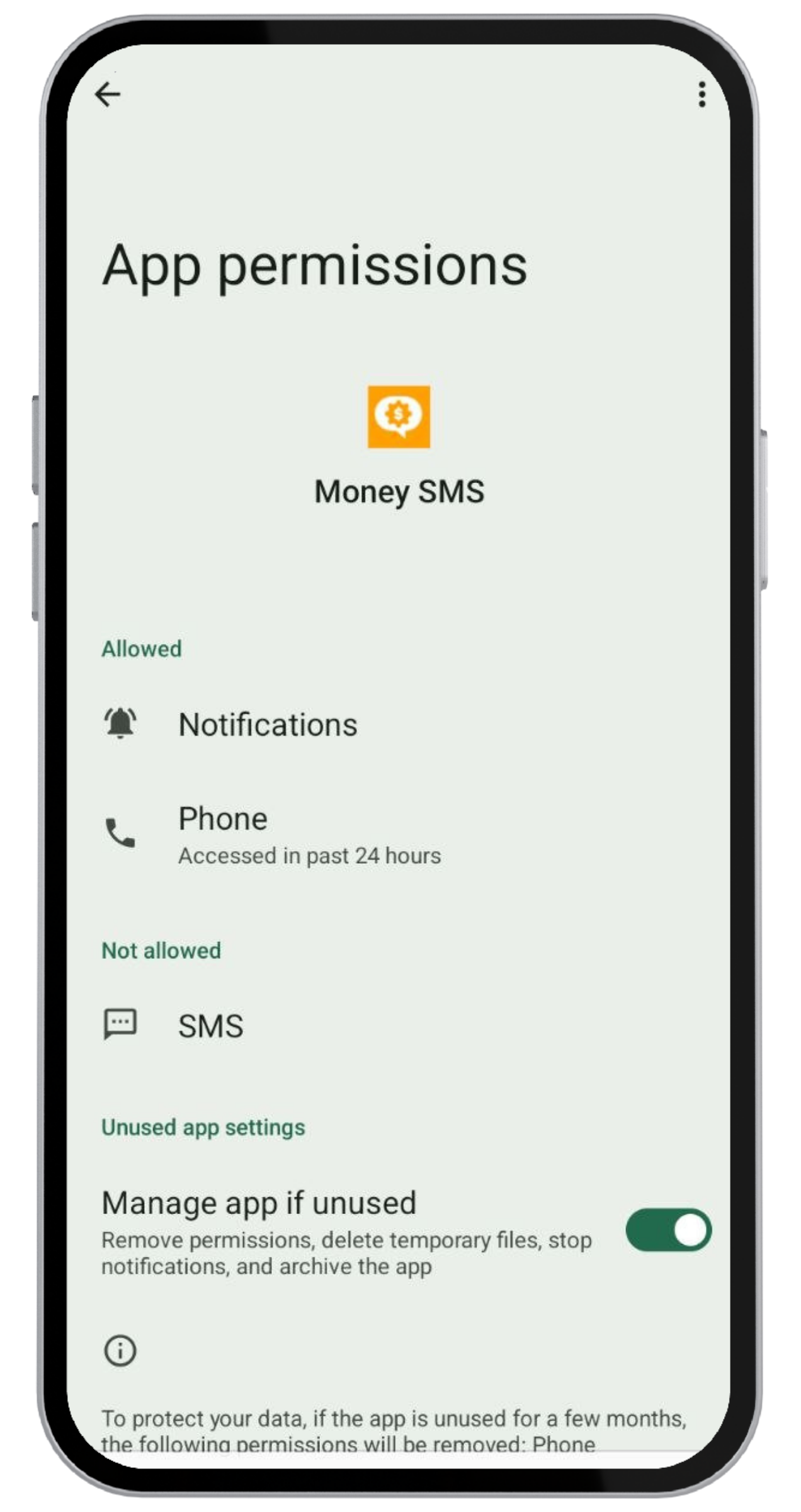 Schermata permessi app Money SMS con SMS nell'elenco Non consentiti