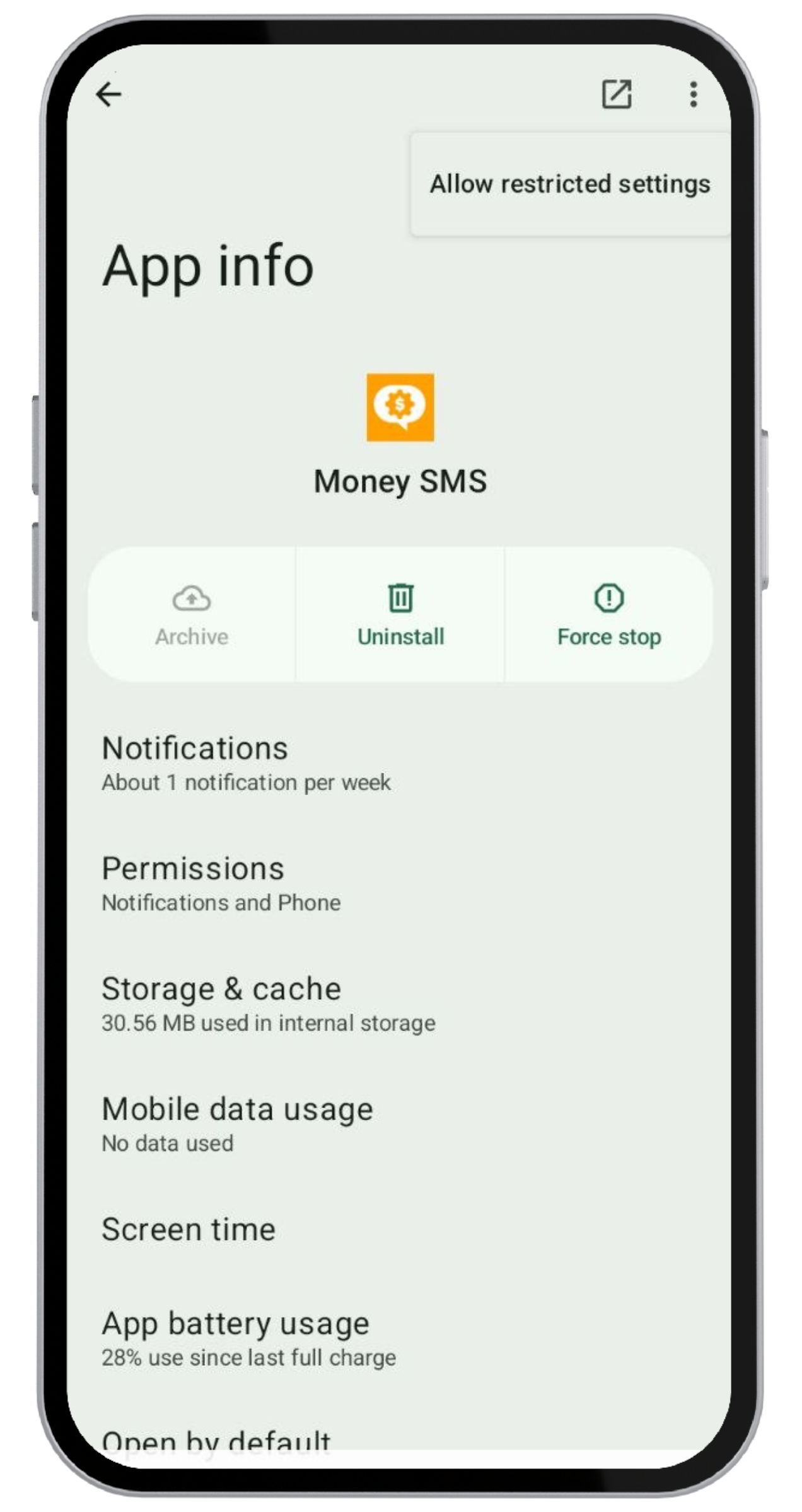Schermata Info app con il menu a tre puntini aperto che mostra Consenti impostazioni limitate