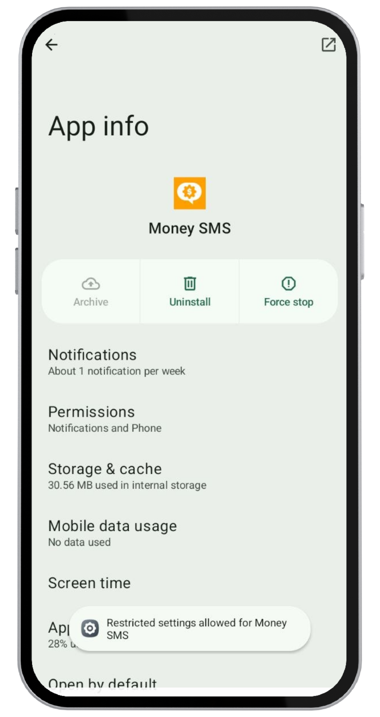 Schermata Info app con il banner di conferma Impostazioni limitate consentite per Money SMS