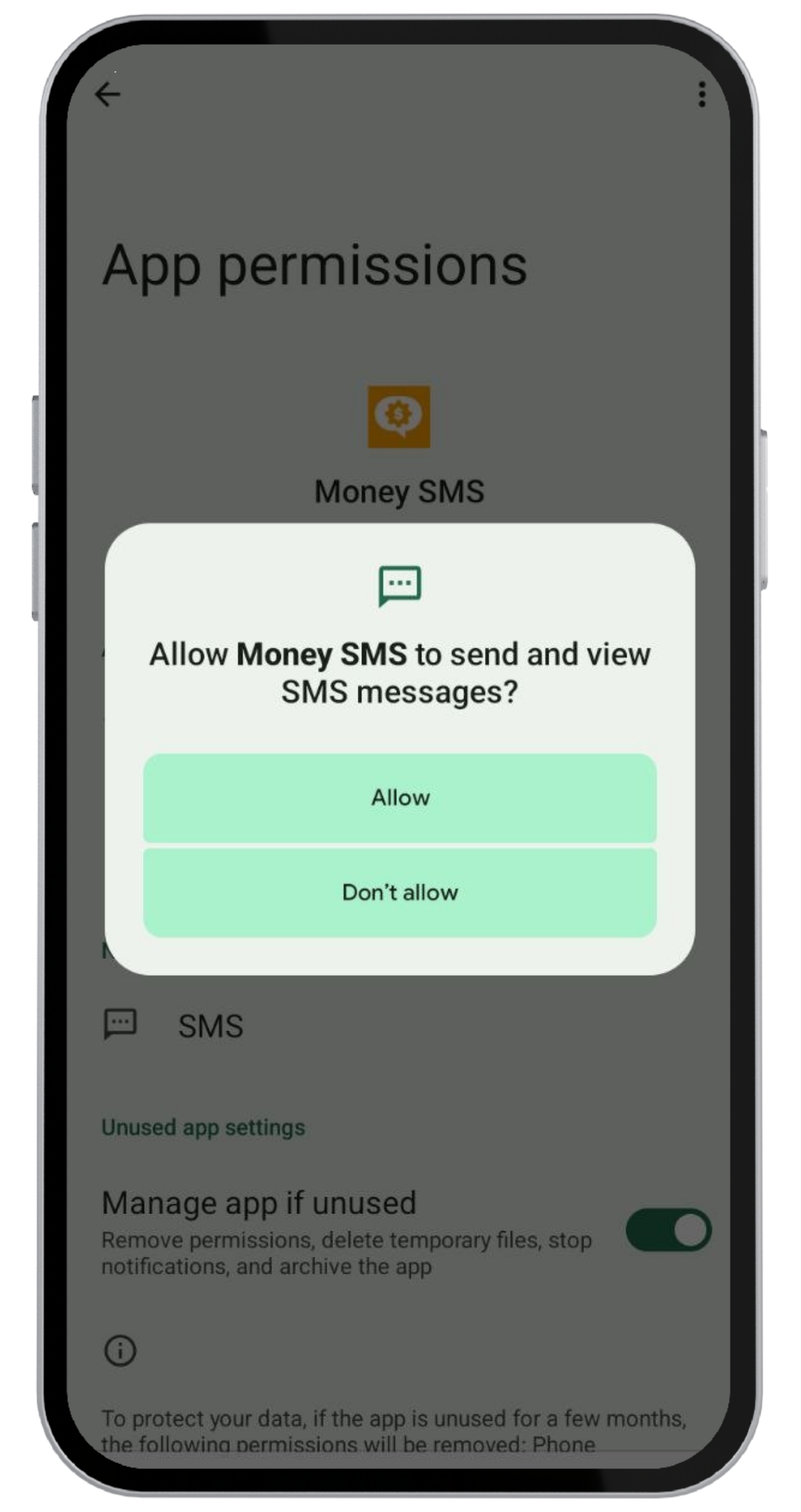 Finestra Consentire a Money SMS di inviare e visualizzare gli SMS con i pulsanti Consenti e Non consentire