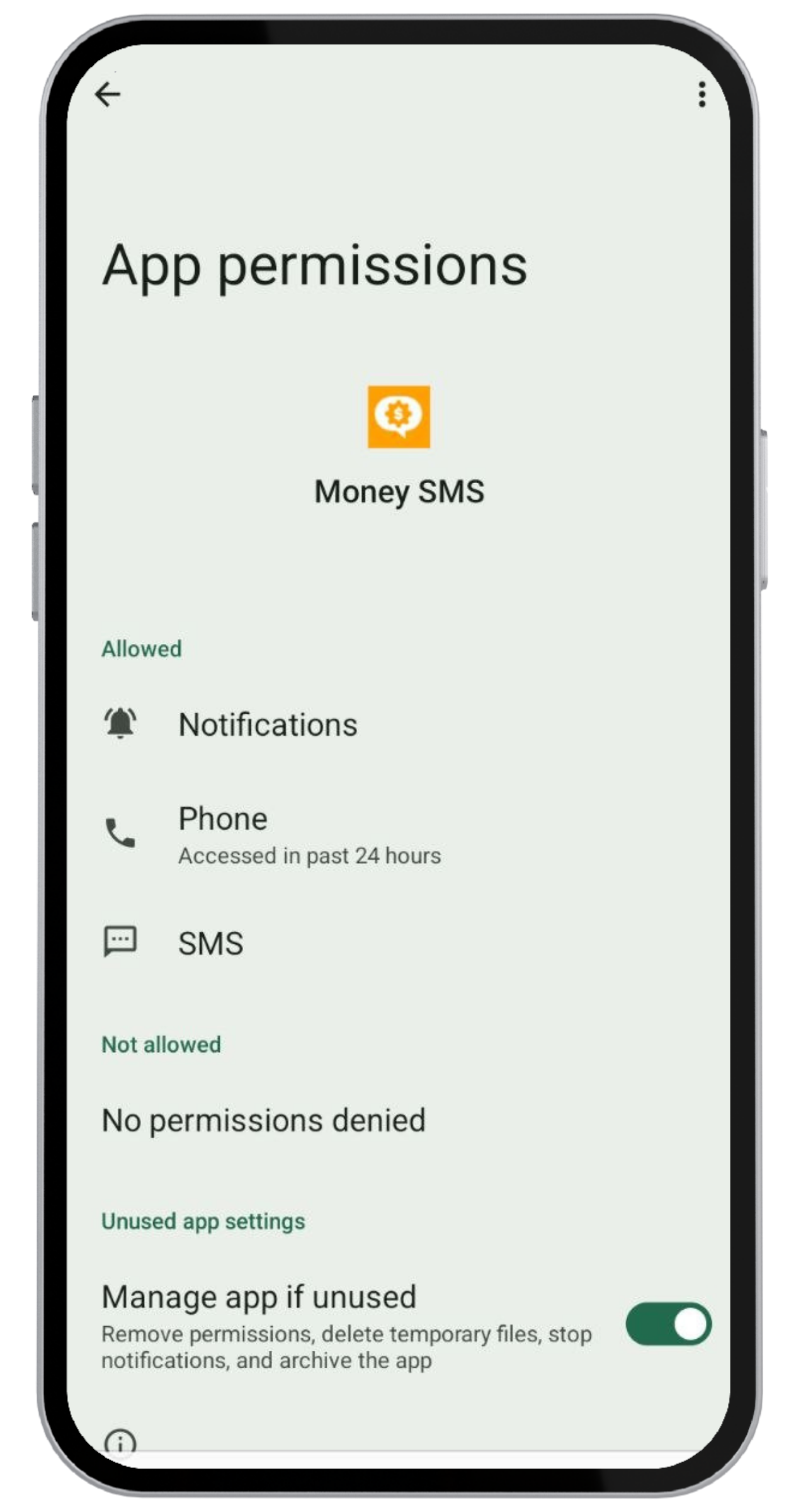 Schermata Permessi app con SMS nell'elenco Consentiti e Nessun permesso negato