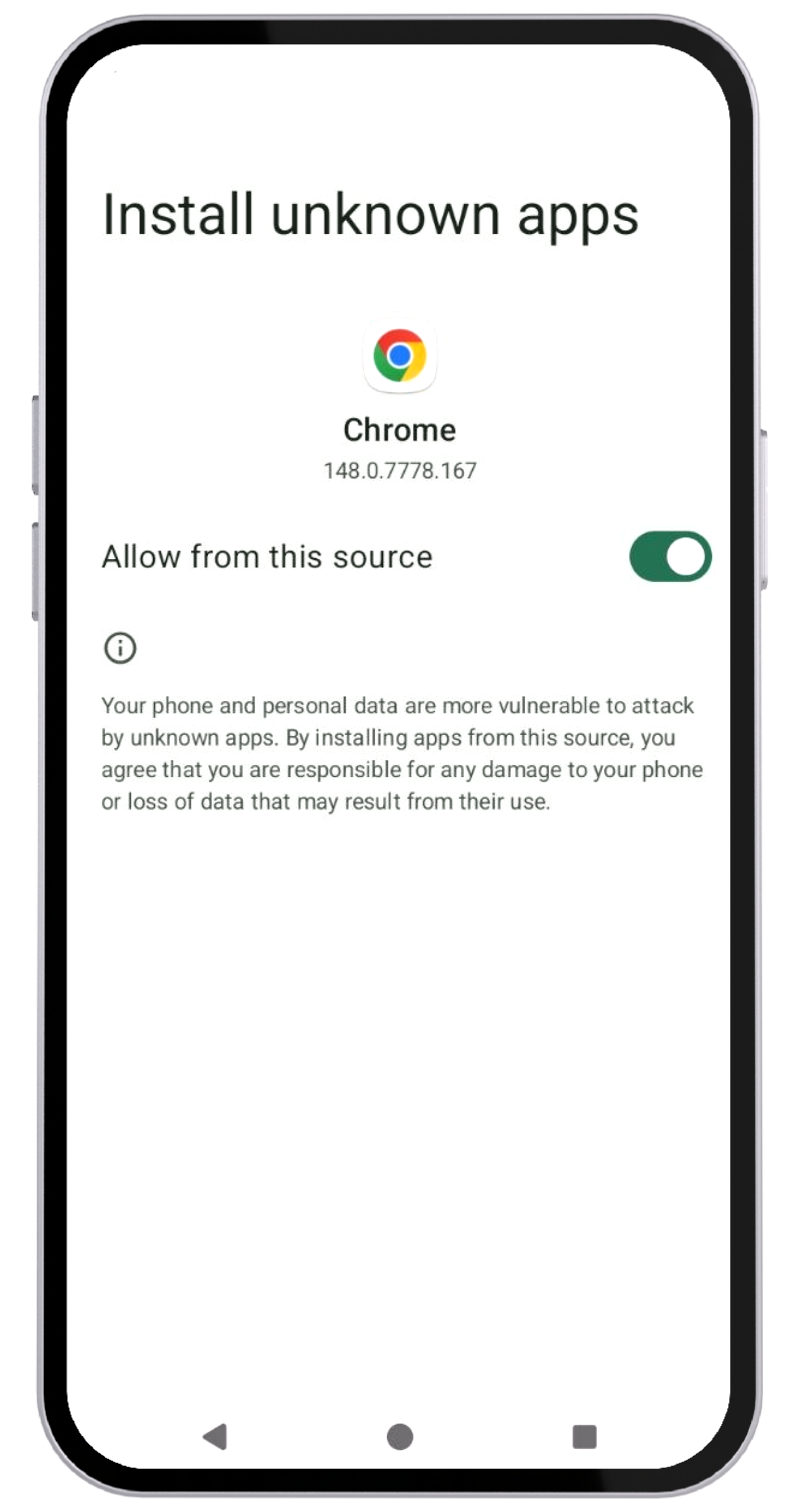 Sposta l'interruttore Consenti da questa fonte su ON per Chrome