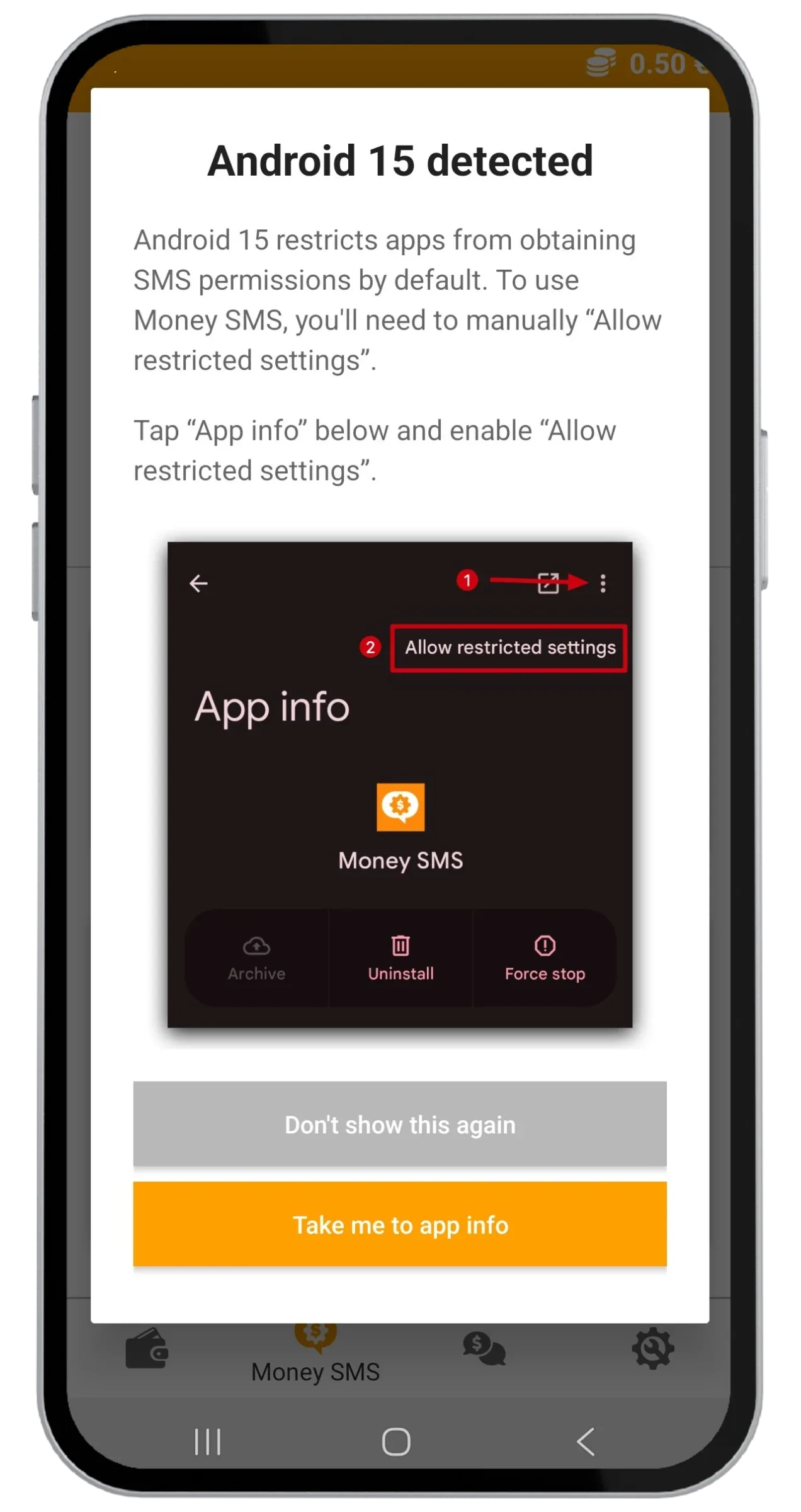 Schermata di avviso Android 15 rilevato con anteprima Info app