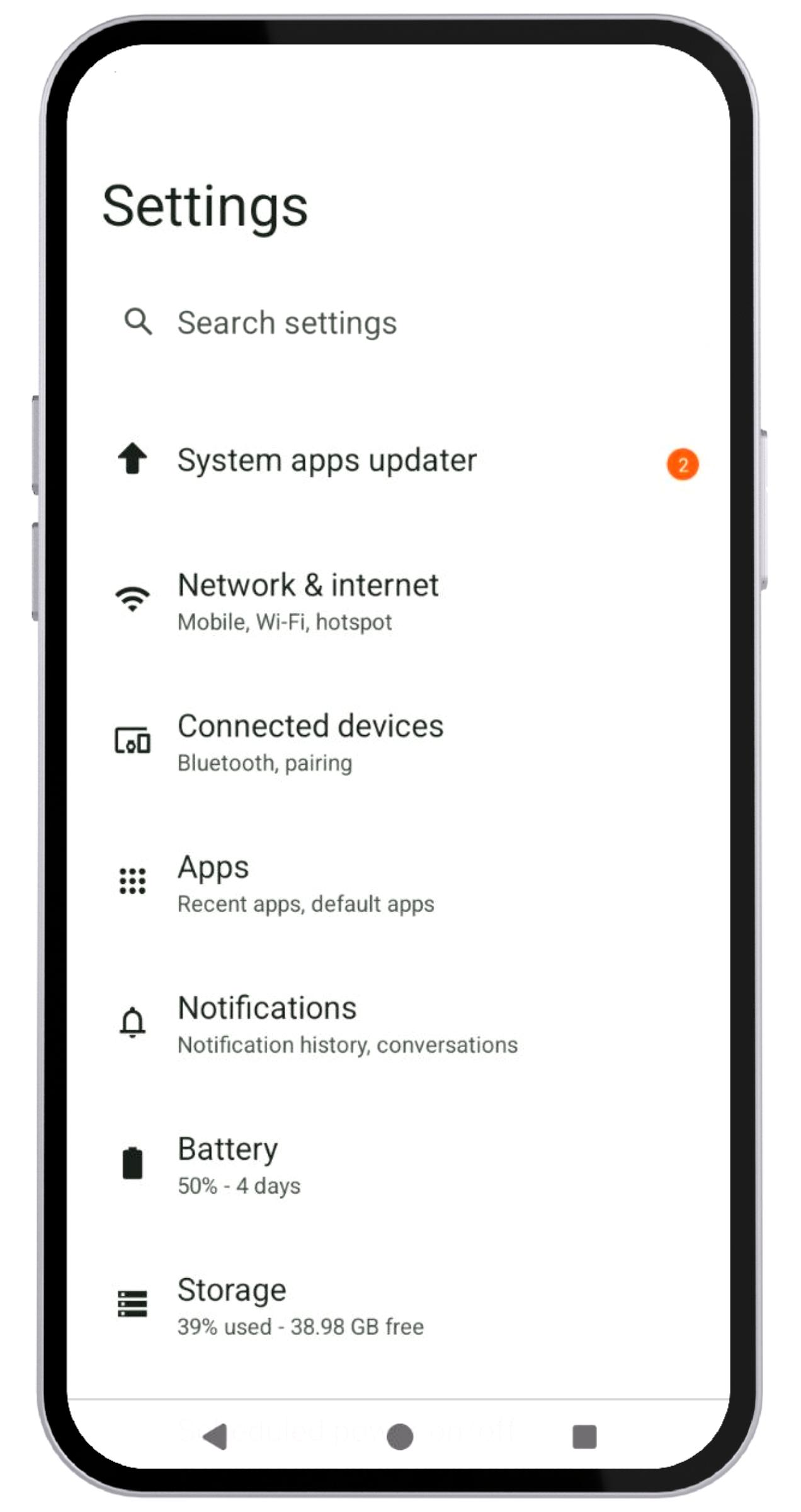 Schermata principale delle Impostazioni Android