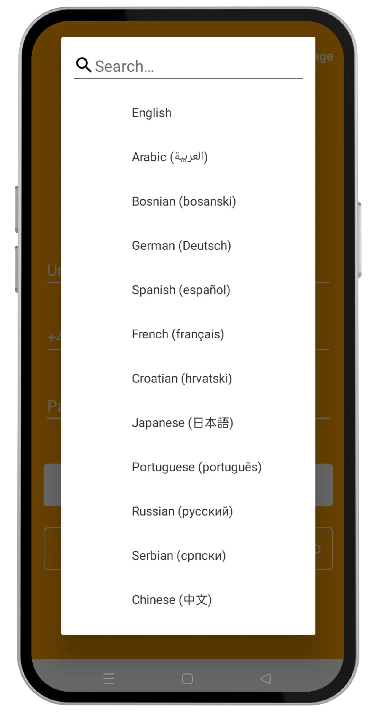 Selettore lingue con inglese, francese, spagnolo e altre