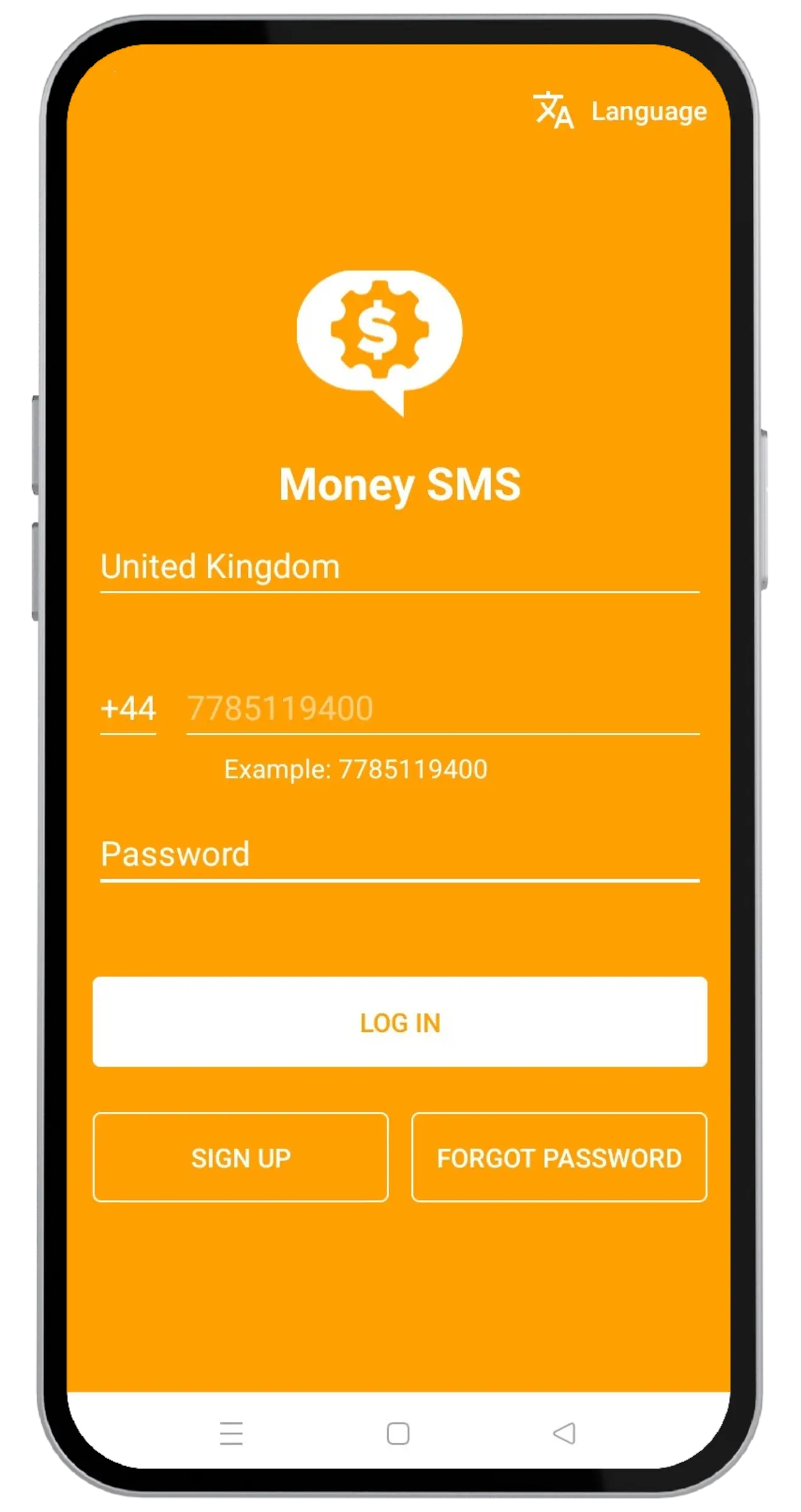 Schermata di accesso Money SMS con pulsante Iscriviti