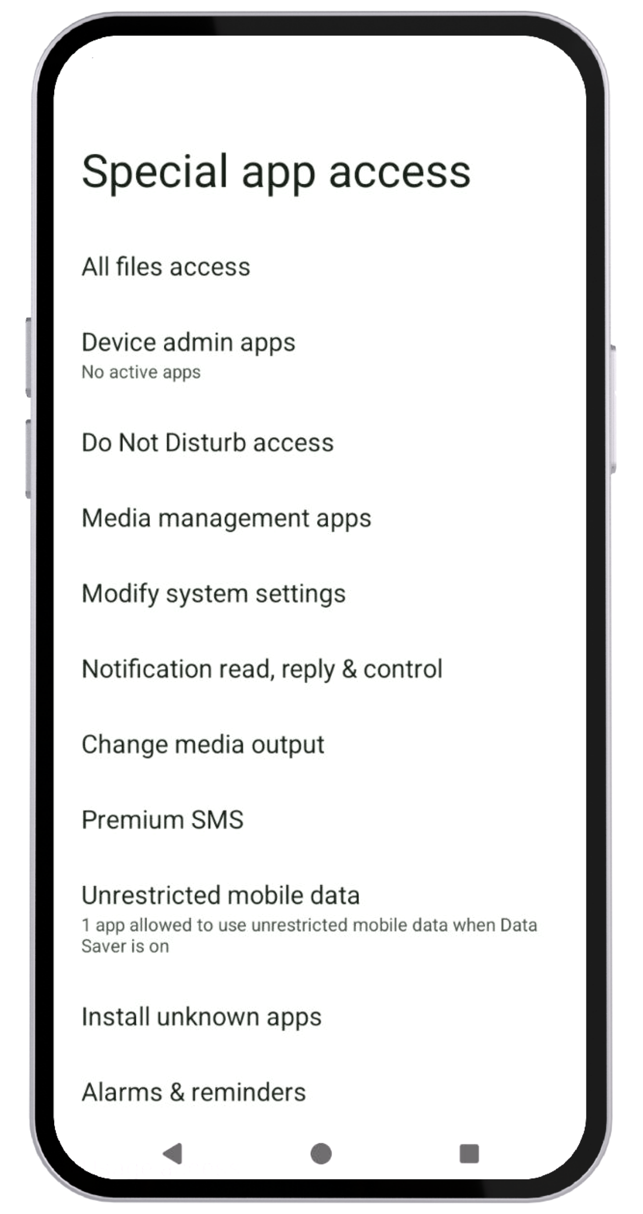 Schermata Installa app sconosciute che mostra l'elenco delle app
