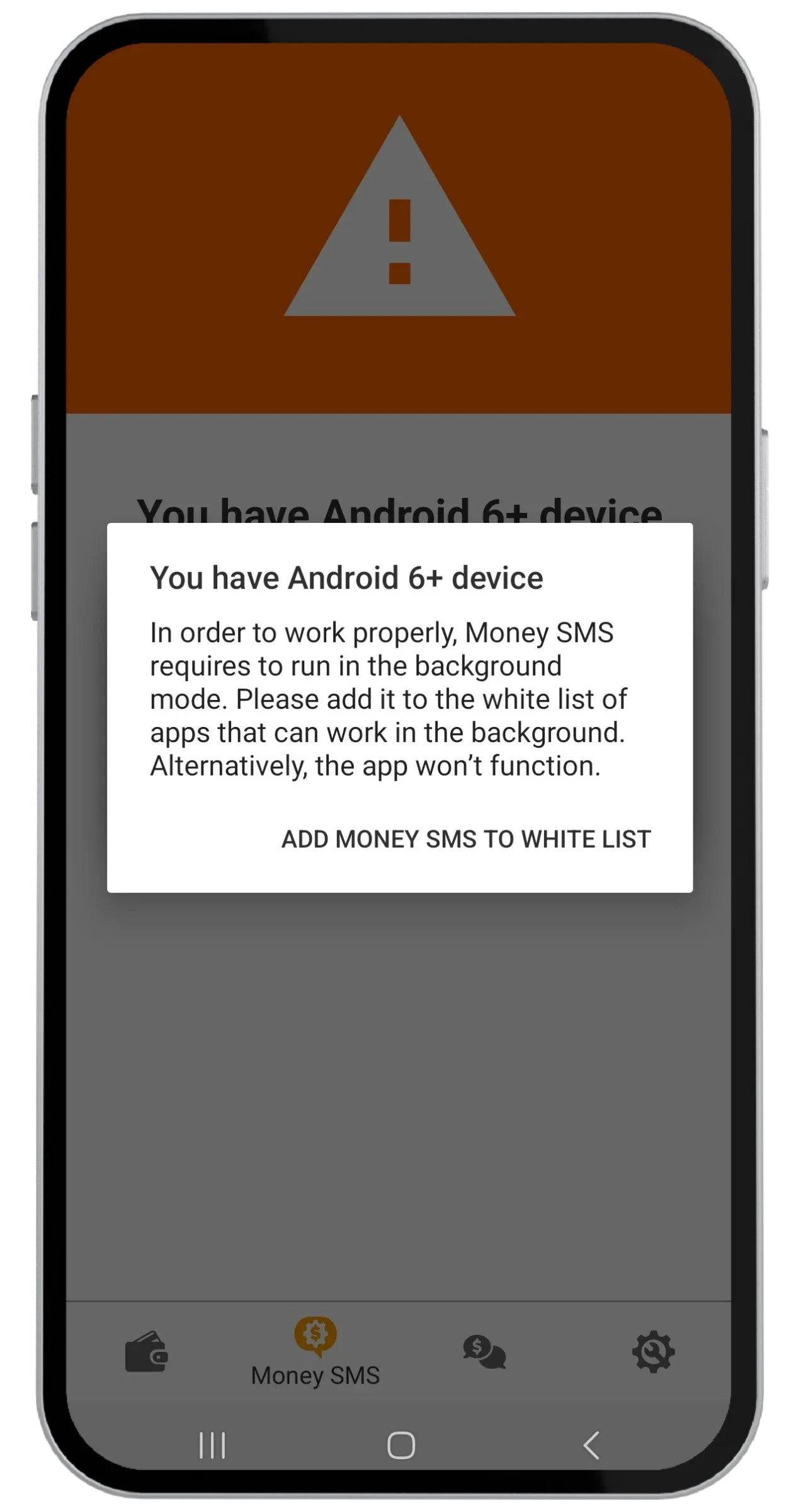 Richiesta Android per aggiungere Money SMS alla whitelist delle app in background