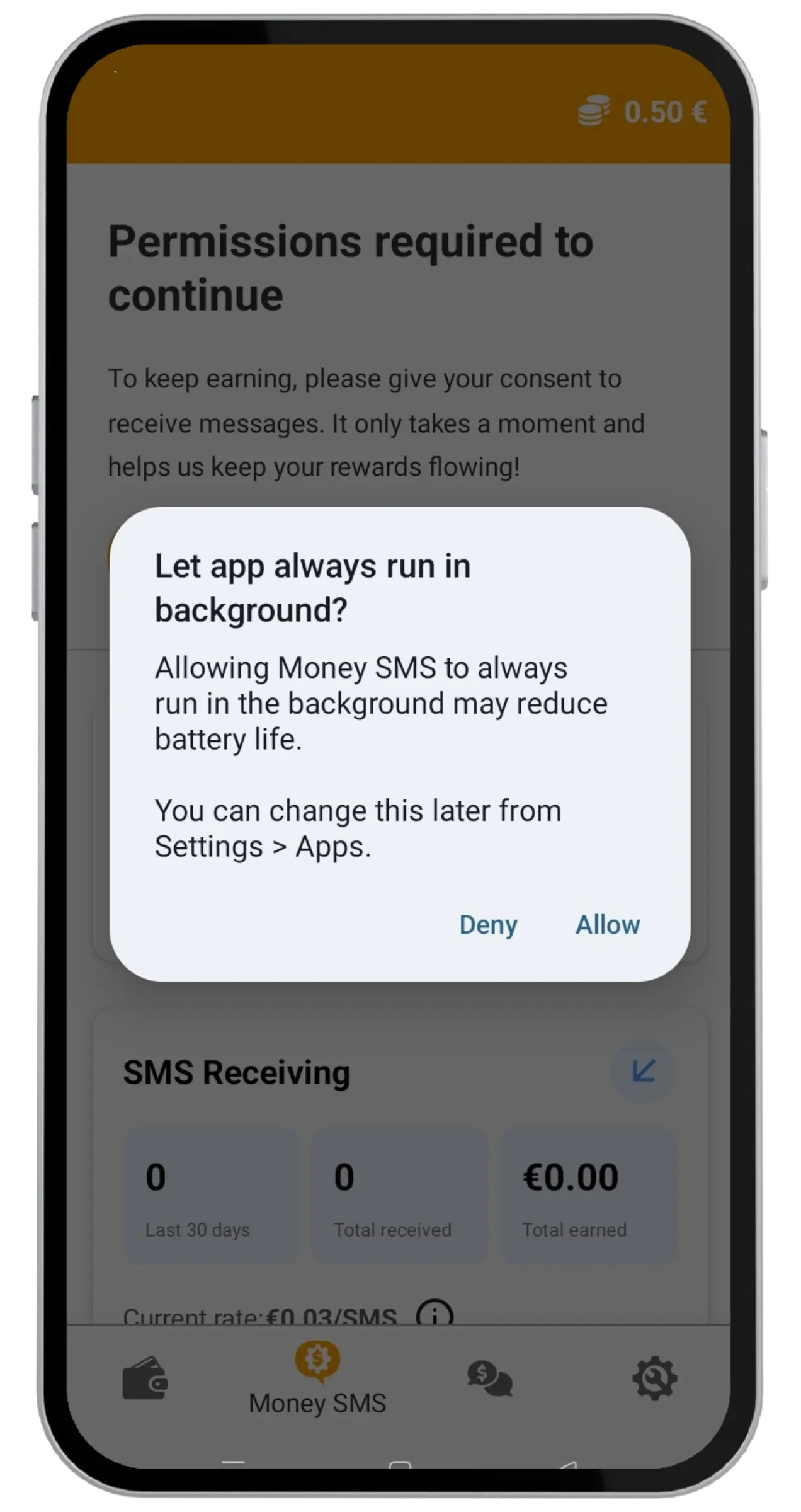 Richiesta Android per consentire a Money SMS di girare sempre in secondo piano