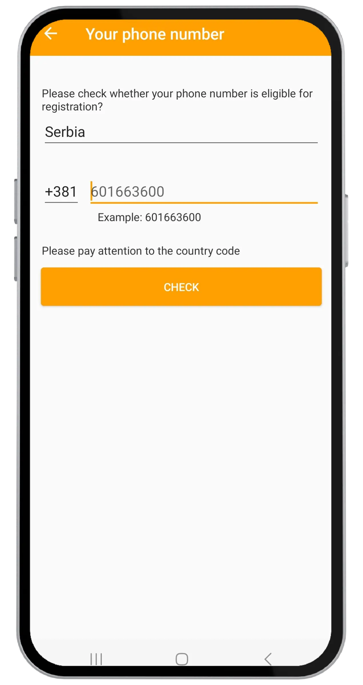 Schermata di registrazione del numero di telefono in Money SMS