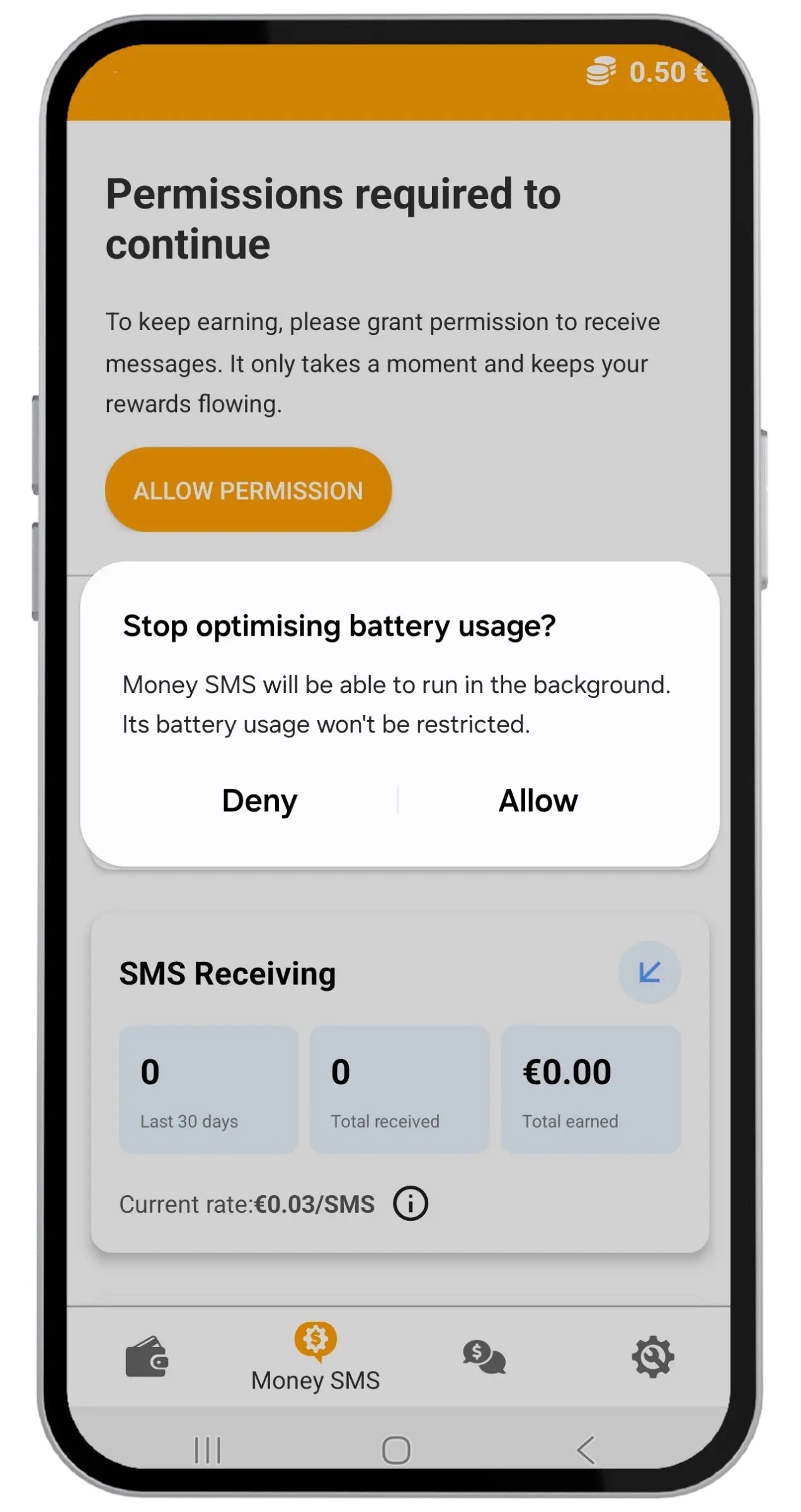 Richiesta Android per fermare l'ottimizzazione della batteria di Money SMS