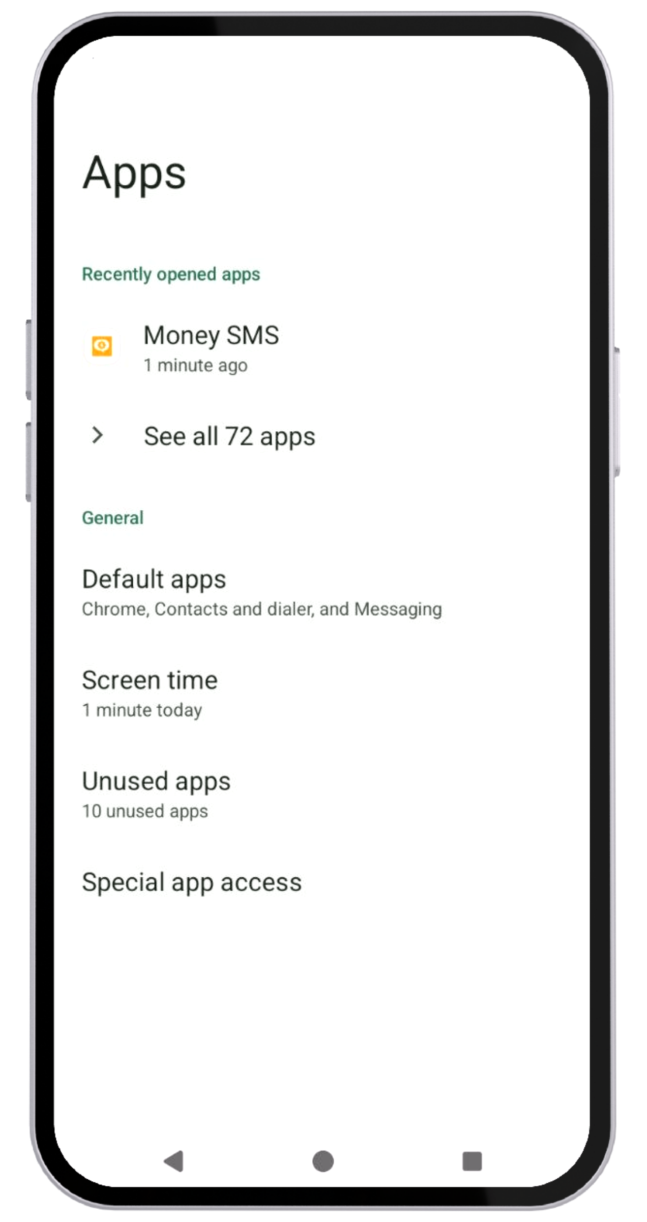 Elenco delle Impostazioni Android con la riga App evidenziata