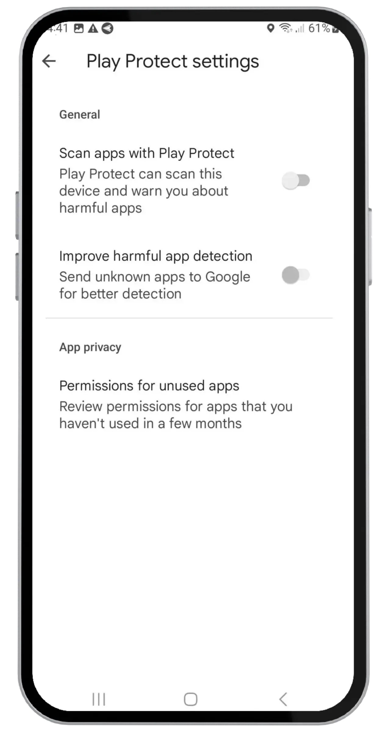 Impostazioni Play Protect con l'interruttore Scansiona app disattivato
