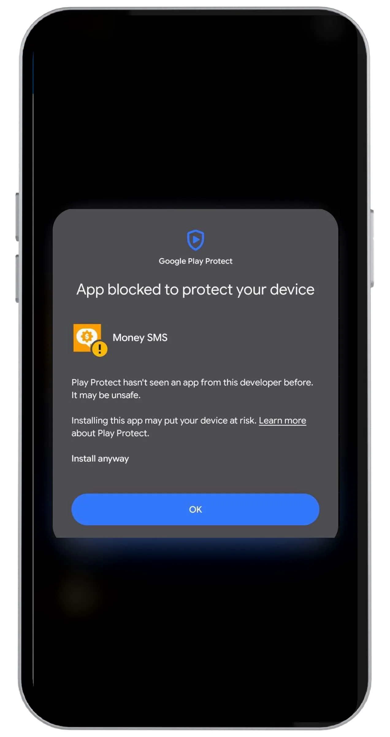 Avviso di Play Protect «App bloccata per proteggere il dispositivo» con l'opzione «Installa comunque»
