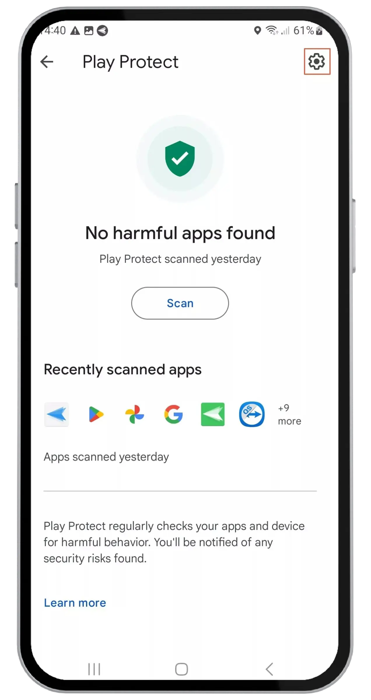 Schermata Play Protect con l'icona dell'ingranaggio evidenziata