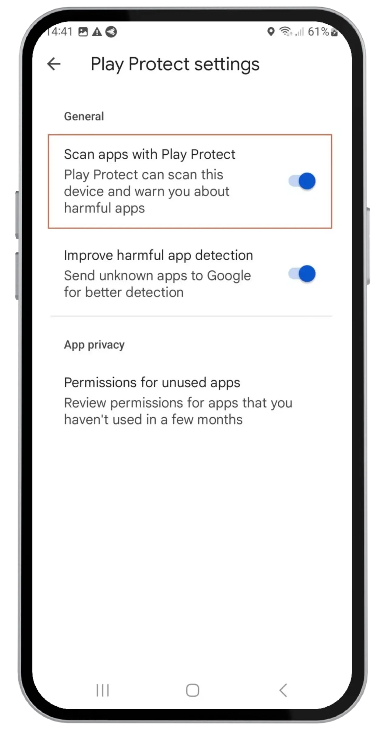 Impostazioni Play Protect che mostrano l'interruttore Scansiona le app