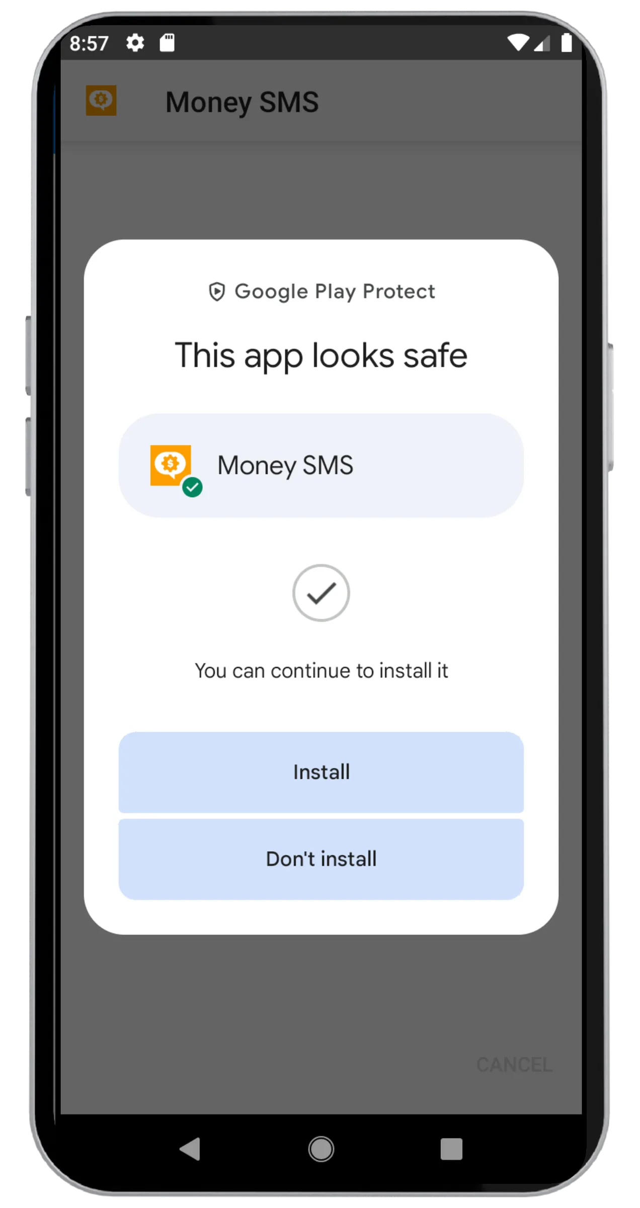 Finestra di Play Protect «Questa app sembra sicura» con il pulsante «Installa»
