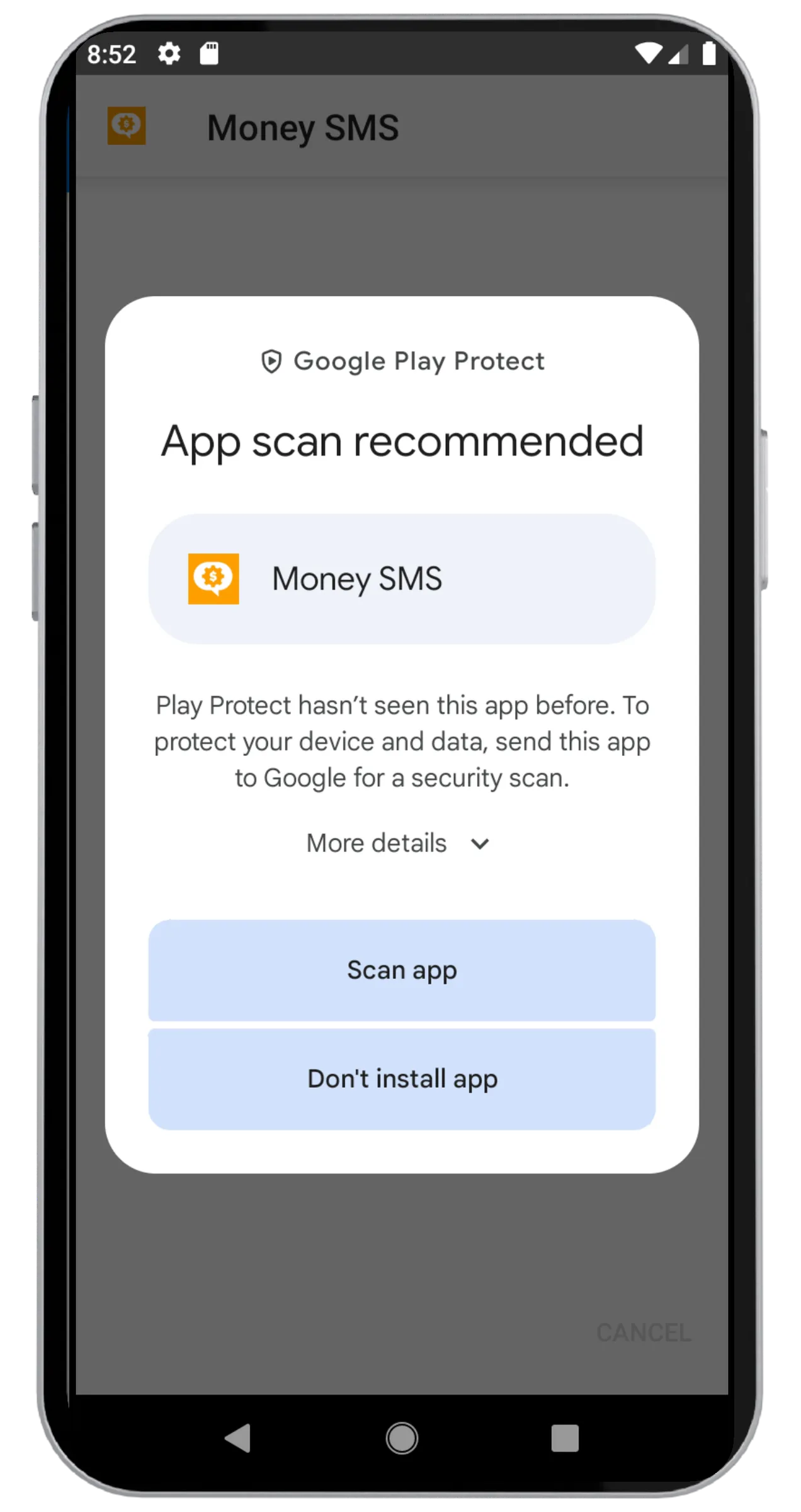Finestra di Play Protect «Scansione dell'app consigliata» con il pulsante «Scansiona app»