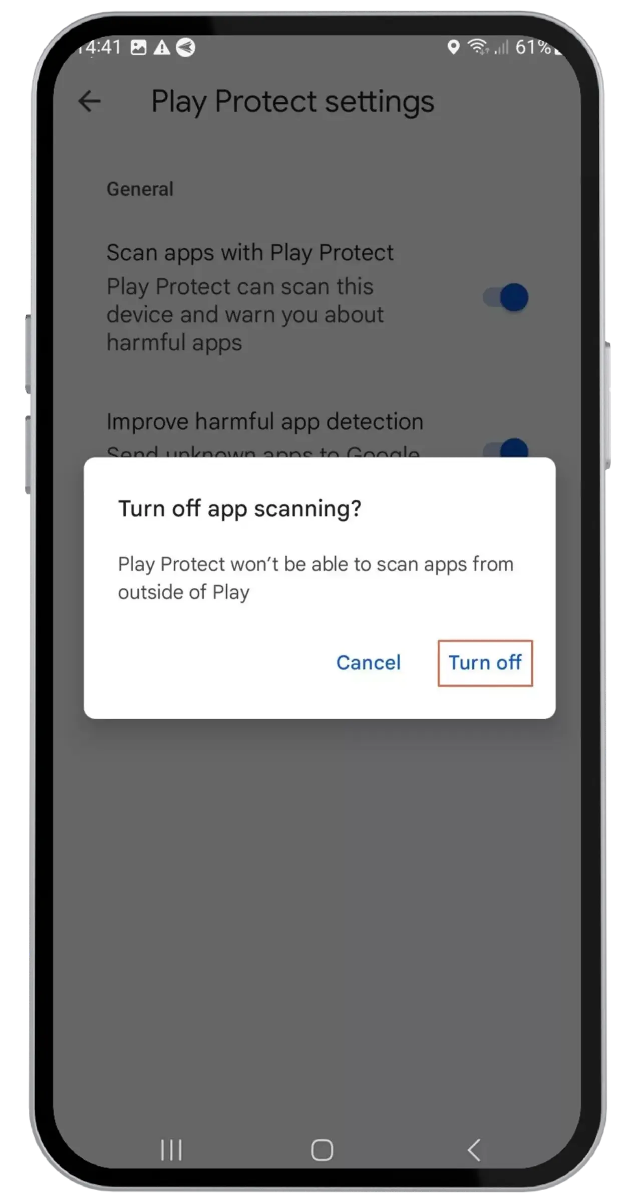 Finestra di conferma Disattiva scansione app con i pulsanti Annulla e Disattiva