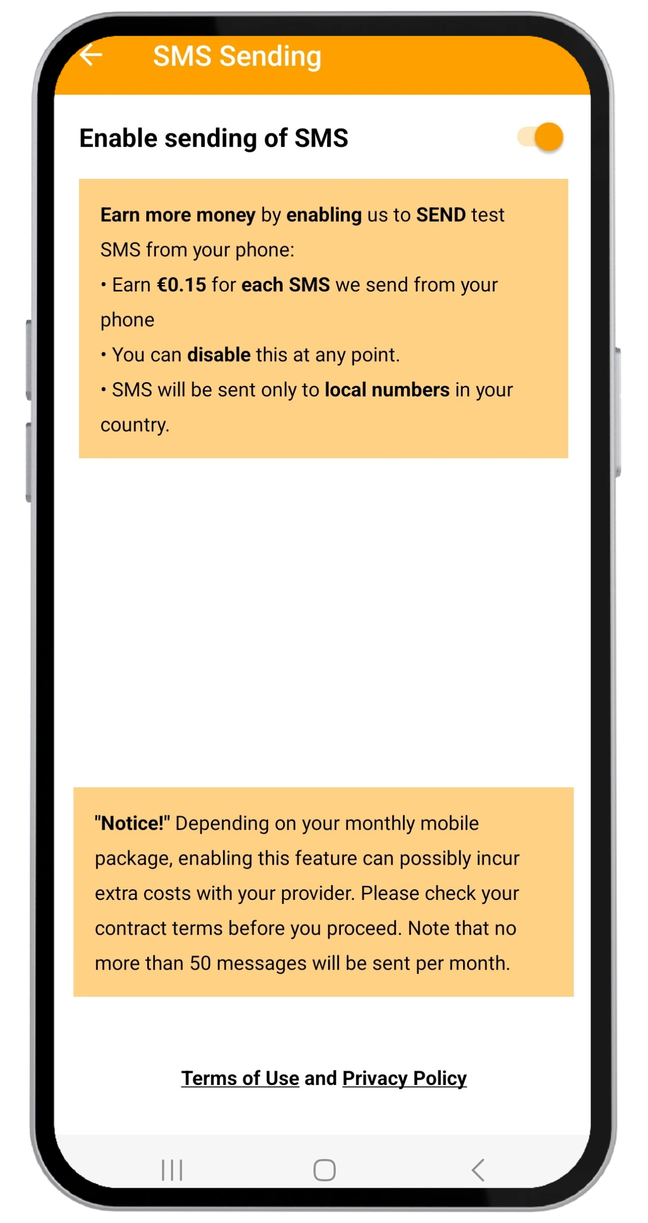 Pantalla de activación del envío de SMS de Money SMS con el interruptor encendido