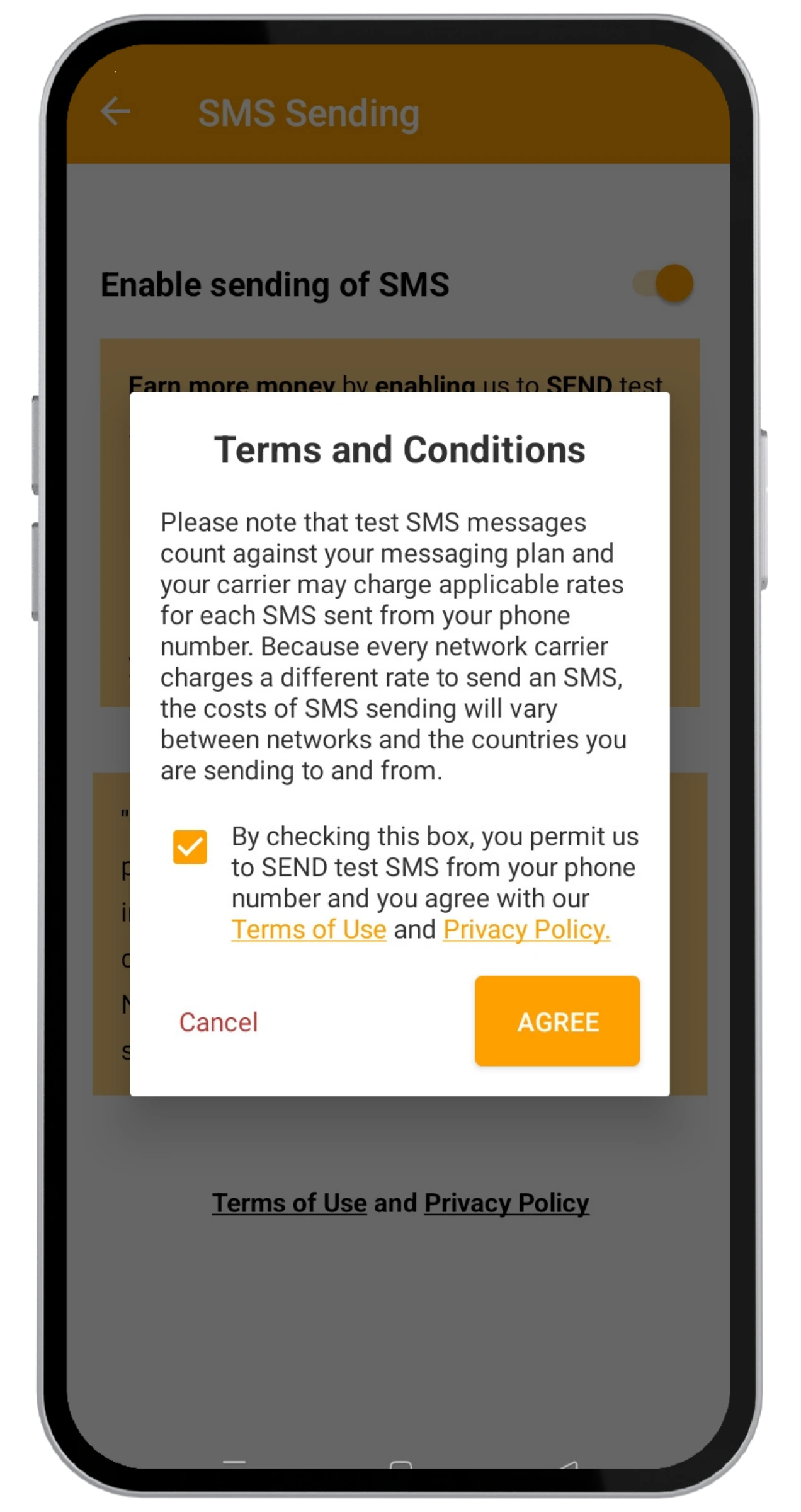 Diálogo de Términos y condiciones del envío de SMS de Money SMS con el botón Aceptar