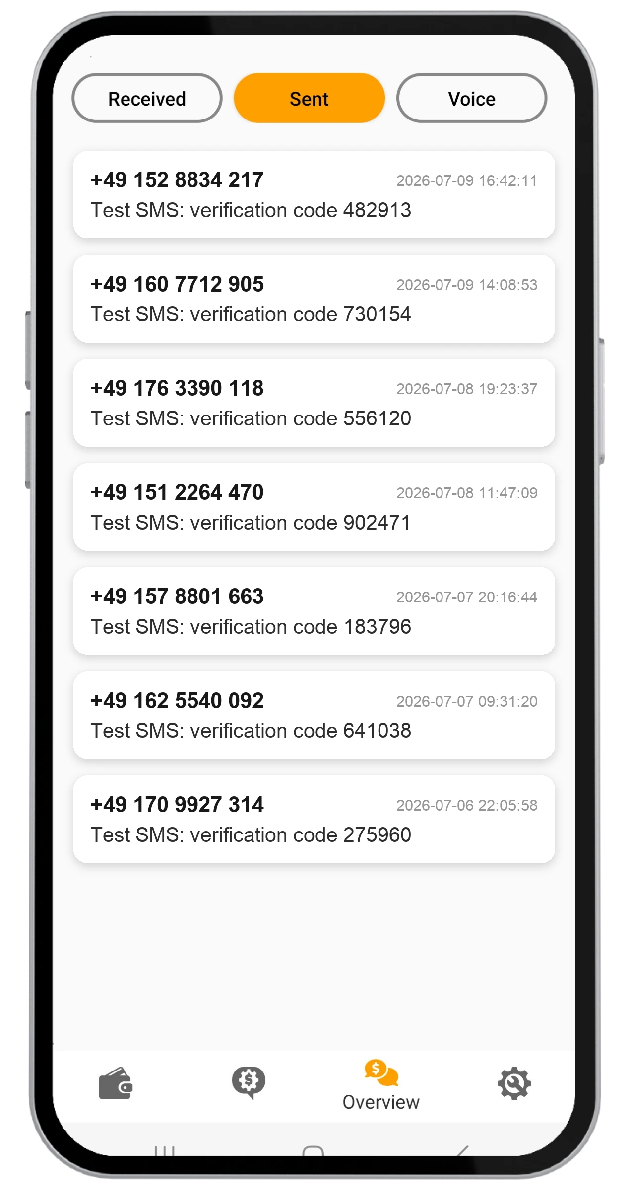 Resumen de Money SMS con la pestaña Enviados seleccionada, mostrando los mensajes de prueba enviados