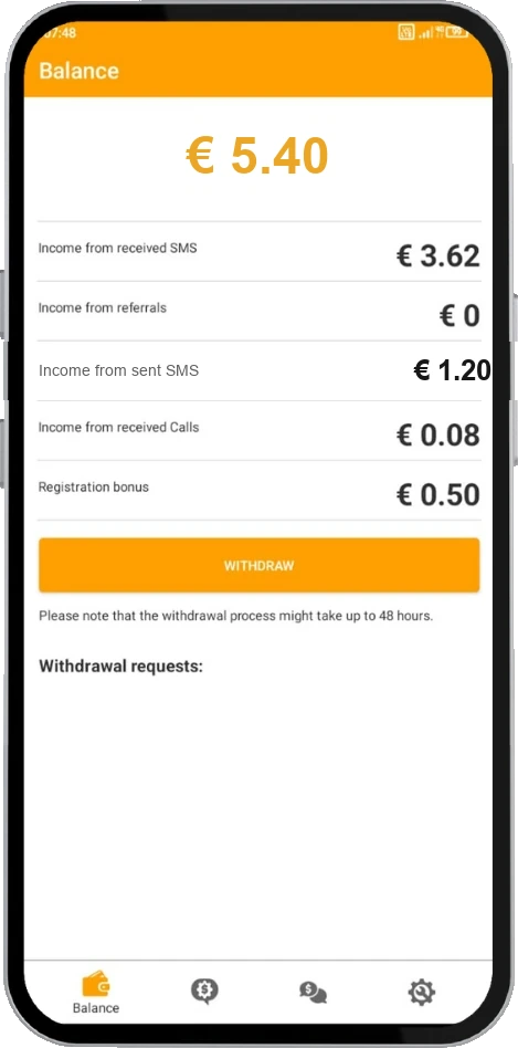 Saldo de Money SMS mostrando los ingresos por SMS enviados junto con otras ganancias, listo para retirar