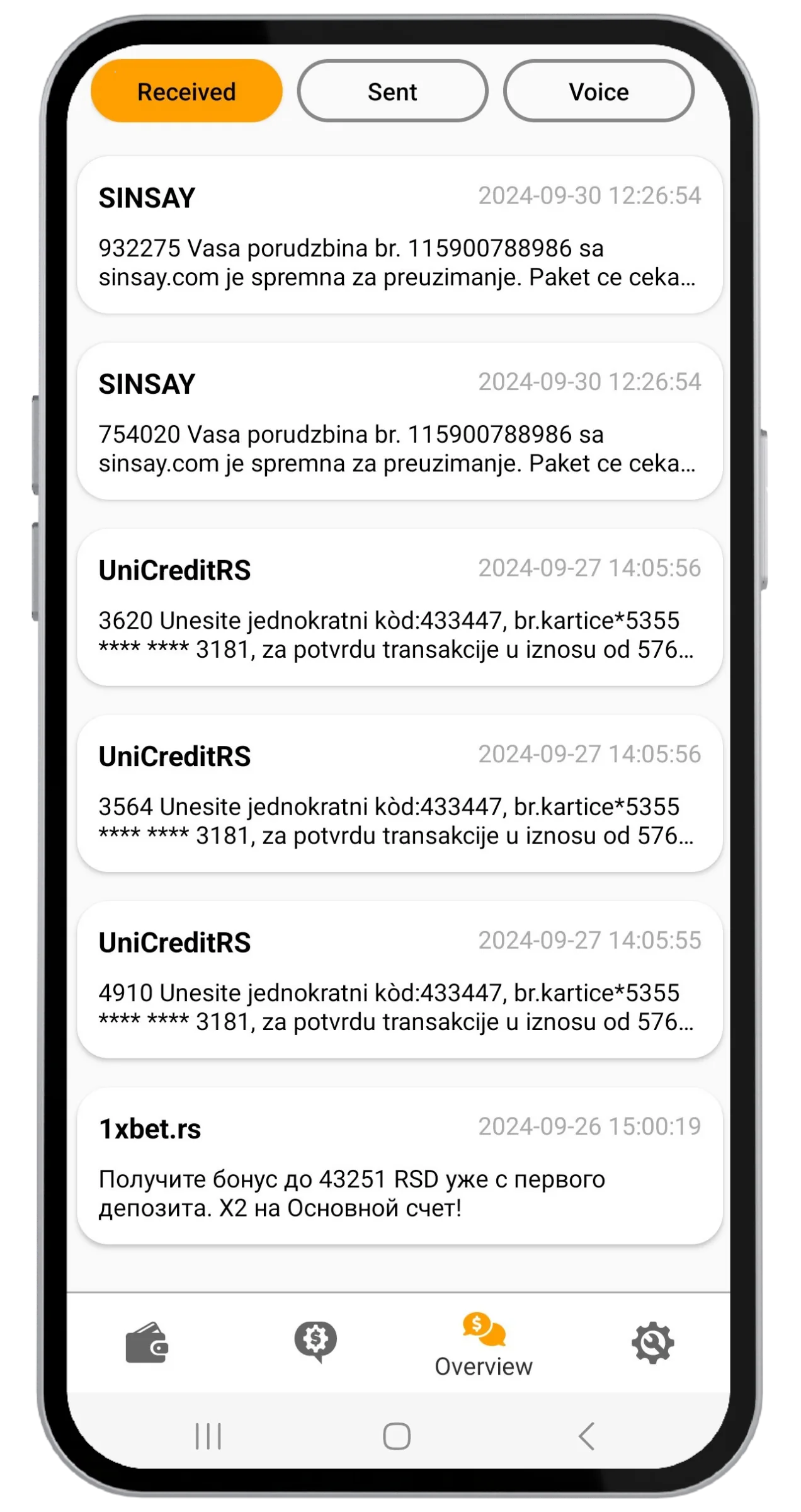 Money SMS app showing received test messages