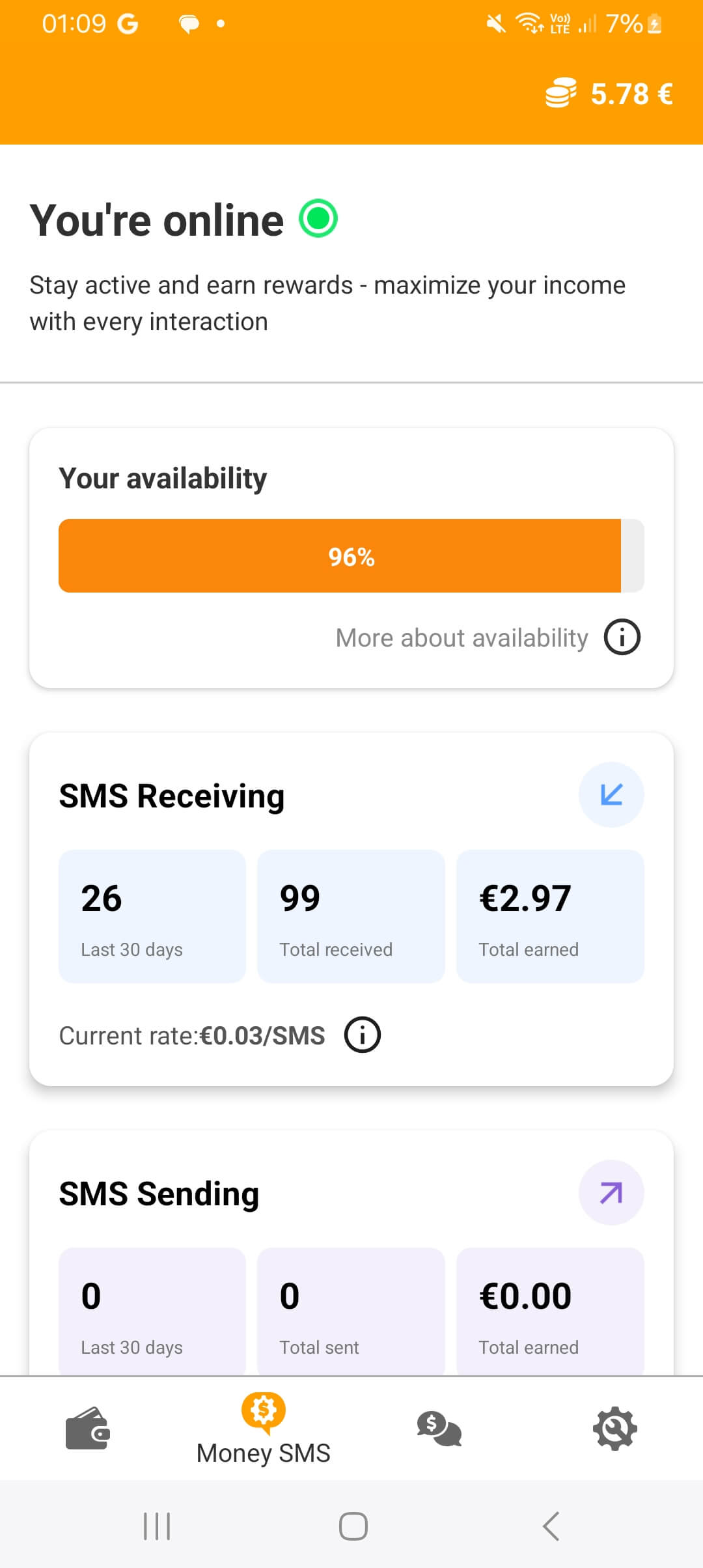 Tela de configurações do Money SMS