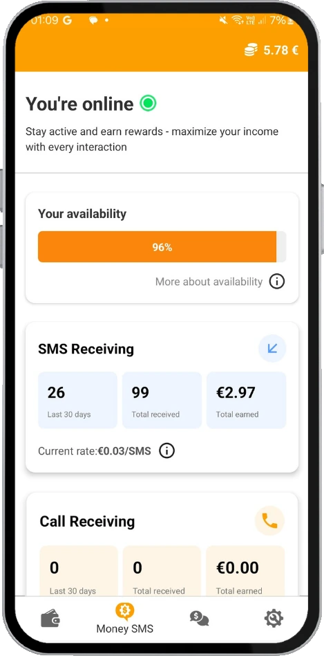 Money SMS app earnings dashboard